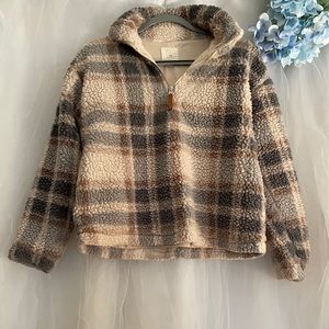 Plaid print cropped Sherpa sweatshirt
